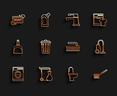 Çöp tenekesi sabununu köpük klozet fırçası süpürgesi ve temizlik ikonu için fırçayla ayarla. Vektör.