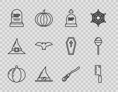 Balkabağı Et Helikopter Taşı, RIP Cadı şapkalı Uçan Yarasa Cadıları süpürgesi ve lolipop ikonu. Vektör.