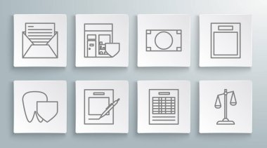 Satır Diş 'i, Kalkan Alışveriş binası, boş defter ve kalem raporu dosya terazisi, kağıt para yığını, boş para formu ve e-posta ikonu ile ayarla. Vektör.