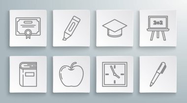 Satır Defteri İşaretleyici Elma Saat Kalemi Mezuniyet Kireç tahtası ve Sertifika şablon simgesini ayarla. Vektör.