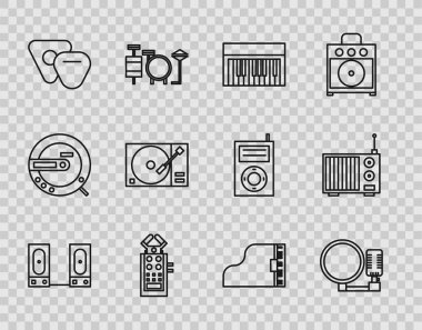 Stereo hoparlörü ayarla. Mikrofon Müzik sentezleyicisi. Gitar, vinil disk Grand piyano ve Radyo anten ikonu olan Vinil çalar seçsin. Vektör.