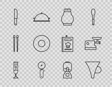 Hat Blender Hunisi ya da filtre Tuz ve biberli Pizza Bıçak Tabağı ve Mutfak Et Öğütücü ikonu. Vektör.