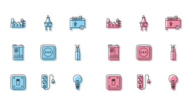 Elektrik lambası uzatma kablosu elektrik santrali ve elektrik prizi kablosu aküsü ve fiş ikonu kavramına sahip fabrika ampulünü ayarlayın. Vektör.