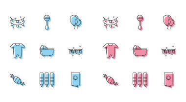 Karnaval çelenklerini, bebek partisi davetiyeleriyle, poster kıyafetleriyle ve oyuncak bebek ikonuyla çizmek için çizgi oluşturun. Vektör.