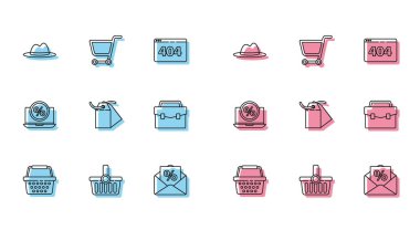 Alış veriş sepeti şapkası, kurdele zarfı faiz indirimi, boş etiket şablonu, evrak çantası yüzdesi, dizüstü bilgisayar ve el arabası ikonu. Vektör.