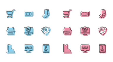 Su geçirmez lastik çizme alışveriş arabası kağıt çeki ve finansal çek indirim monitörü telefon 24 saat destek sepeti ve Stacks kağıt para ikonu. Vektör.