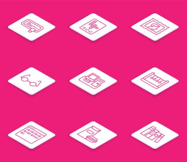 Satır Sertifikası şablonu Klavye Sarkacı İkili Kodu ve Burger simgesi ile Çapraz Bulmaca Posta Damgası Gözlük Monitörü ayarla. Vektör.