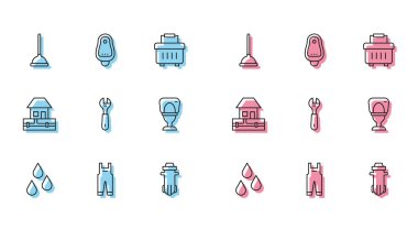 Hattı ayarla Su damlası iş tulumları lastik tulum filtresi anahtar anahtarı klozet tedarik boruları ve pisuar ikonu. Vektör.