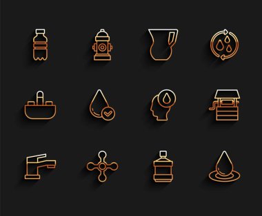 Hattı kurun. Musluk suyu şişesi. Temiz su kovası ve ikonu olan büyük bir şişe. Vektör.