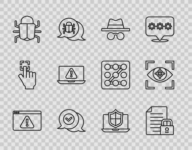 Satır Tarayıcısını ünlem işareti belgesi ile ayarla ve Incognito kipini kilitle Konuşma balonu hata sistemi koruma kalkanı ve göz tarama simgesi içinde kontrol et. Vektör.