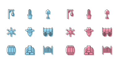 Barut fıçısı Gold Barut Çubukları Gallows Salon kapısı Kovboy Vahşi Batı vagon Hexagram şerifi ve kaktüs peyote 'yi esrar ikonuyla kapladı. Vektör.