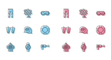 Hat Aqualung Pusula Dalgıç Giysisi, balıkçı zıpkını, deniz kabuğu Lifebuoy Lastik yüzgeçleri ve Mercan ikonu. Vektör.