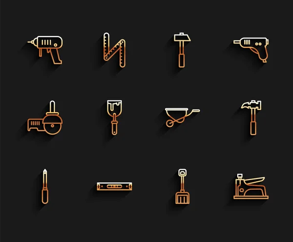 Set Line Schroevendraaier Constructie Bellenniveau Elektrische Boormachine Sneeuwschuiver Nietmachine Putty — Stockvector