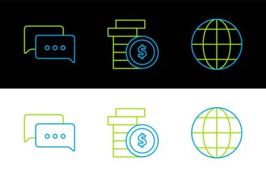 Dünya küresi, konuşma balonu sohbeti ve dolar sembollü madeni para hattı oluşturun. Vektör