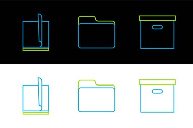 Çizgi Karton karton kutu, Dosya belgesi ve Belge dizin simgesini ayarla. Vektör