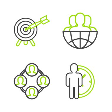 Zaman Yönetimi, Proje ekibi üssü, Globe ve insanları ve ok ikonlu hedefi ayarlayın. Vektör