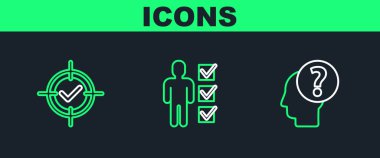 İnsan kafasını soru işareti, hedef ve kontrol ve iş elbisesi simgesi kullanıcısı ile ayarla. Vektör