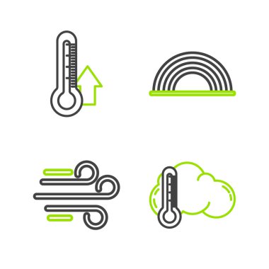 Termometreyi ve bulutu ayarla, Rüzgar, Gökkuşağı, bulutlar ve ikon. Vektör