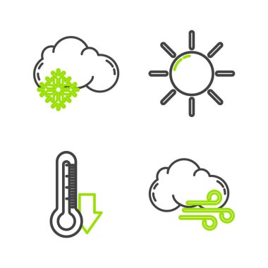 Hat rüzgarlı, termometre, kar ikonlu güneş ve bulut. Vektör