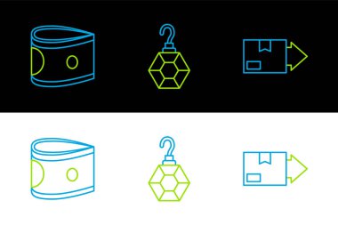 Karton karton kutu, kağıt para ve küpe ikonu. Vektör