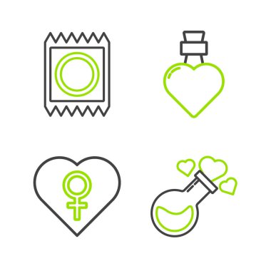 Set line Bottle with love potion Heart female gender and Condom in package icon. Vector.