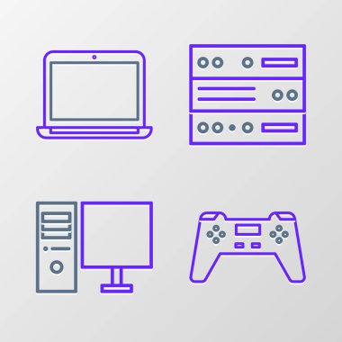 Satır Gamepad, Bilgisayar monitörü, Sunucu, Data, Web Sunucusu ve Laptop simgesini ayarla. Vektör