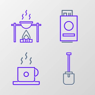 Kürek, kahve fincanı, biletli pasaport, kamp ateşi ve esrar ikonu. Vektör