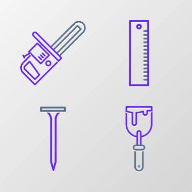 Oyun bıçağı, metal çivi, cetvel ve testere ikonu. Vektör