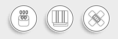 Set line Crossed bandage plaster, Cotton swab for ears and Towel stack icon. Vector