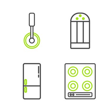 Set line Gas stove, Refrigerator, Salt and Pizza knife icon. Vector