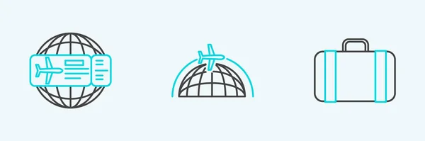Set Line Suitcase Travel Airline Ticket Globe Flying Plane Icon — Wektor stockowy