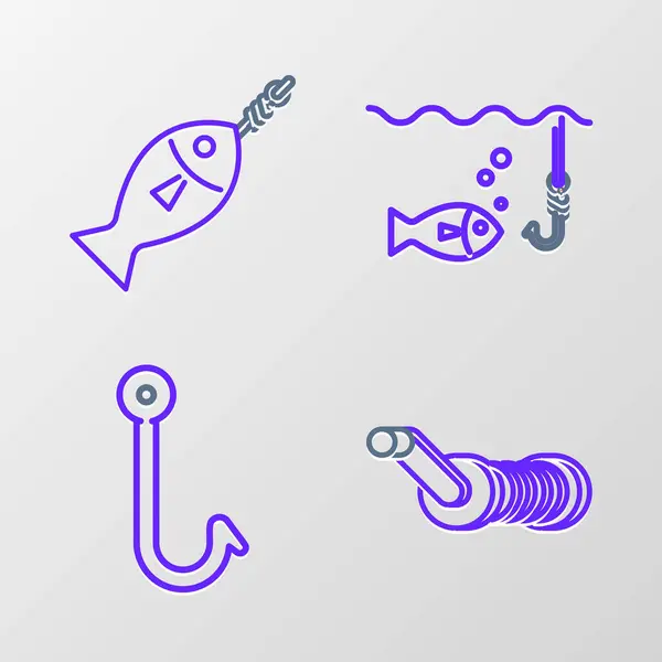 Set Line Spinning Reel Fishing Fishing Hook Water Icon Vector — Archivo Imágenes Vectoriales