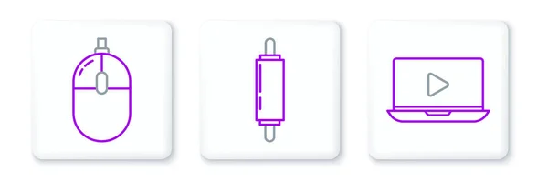 Set Line Online Play Video Computer Mouse Rolling Pin Icon — Stockvektor