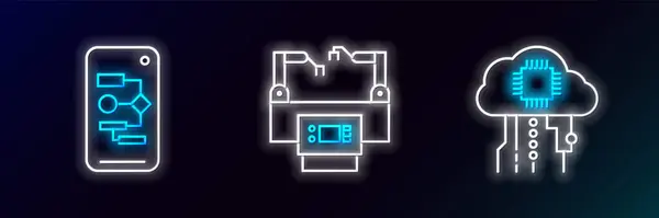 Set Line Internet Things Algorithm Assembly Line Icon Glowing Neon — 스톡 벡터