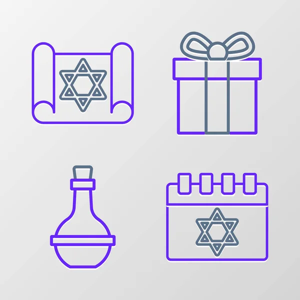 Set Line Jewish Calendar Wine Bottle Gift Box Torah Scroll — Stockvektor