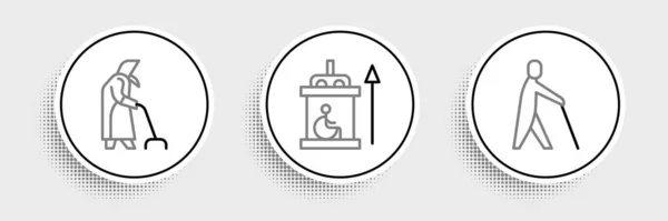 Set Line Blind Human Holding Stick Grandmother Elevator Disabled Icon — Wektor stockowy
