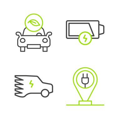 Hattı şarj eden elektrikli araba, elektrik, düşük batarya ve eko ikonu ayarla. Vektör