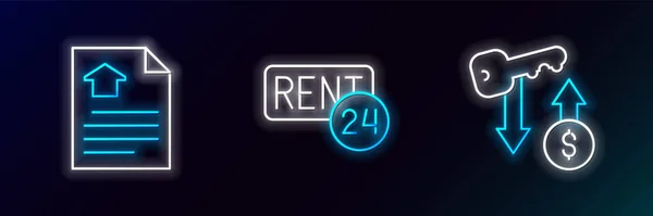 Set Line Rent Key House Contract Icon Glowing Neon Vector — Stock Vector
