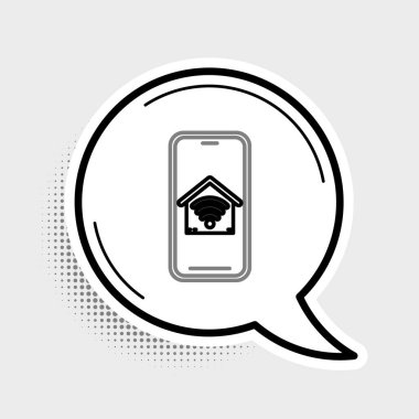 Gri arkaplanda kablosuz ağ ikonu olan akıllı bir evi olan cep telefonu. Uzaktan kumanda. Renkli taslak konsepti. Vektör.