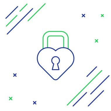 Beyaz arka planda izole edilmiş, kalp ikonu şeklinde bir Çizgi Kalesi. Kilitli Kalp. Aşk sembolü ve anahtar deliği işareti. Renkli taslak konsepti. Vektör.