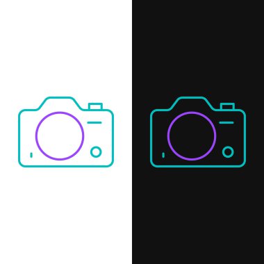 Line Photo camera icon isolated on white and black background. Foto camera. Digital photography. Colorful outline concept. Vector.