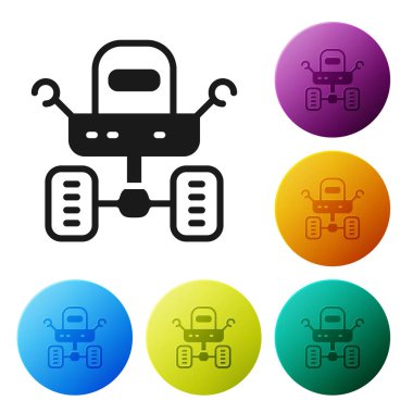 Siyah Mars Gezgin simgesi beyaz arkaplanda izole edildi. Uzay aracı. Ay yürüyüşü işareti. Gezegen yüzeyini incelemek için bir cihaz. Simgeleri renk daire düğmelerine ayarla. Vektör.