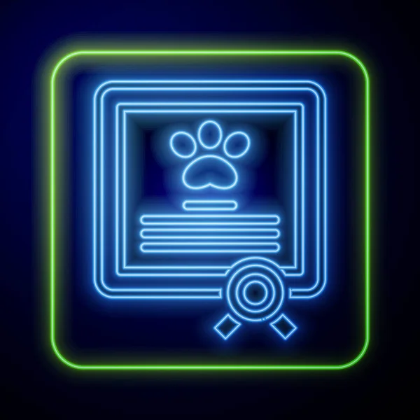 Glowing Neon Medical Certificate Travel Dog Cat Icon Isolated Blue — Stok Vektör