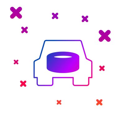 Araba simgesindeki yedek tekerlek beyaz arkaplanda izole edilmiş. Tekerleği değiştirme işlemi. Bagajdaki yedek lastiğin yeri. Kademeli rastgele dinamik şekiller. Vektör.