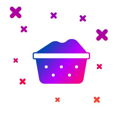 Beyaz zemin üzerinde sabun köpüğü simgesi olan renkli plastik leğen. Sulu kase. Çamaşır yıkama, temizlik malzemeleri. Kademeli rastgele dinamik şekiller. Vektör.