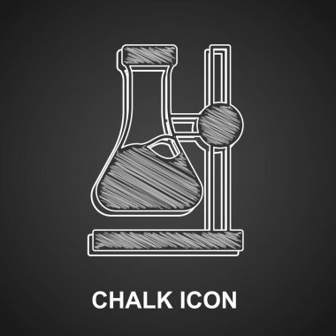Chalk Glass test tube flask on stand icon isolated on black background. Laboratory equipment. Vector.