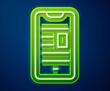 Mobil simge üzerine parlayan neon hattı kitabı mavi arkaplanda izole edildi. İnternet eğitimi konsepti, e-öğrenme kaynakları. Vektör İllüstrasyonu.