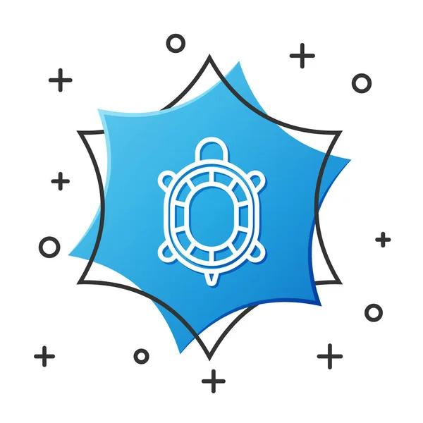 White Line Turtle Icon Isolated White Background Blue Hexagon Button — Stockový vektor