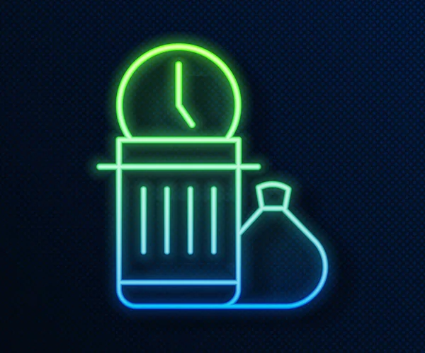 发光的霓虹灯线浪费时间图标隔离在蓝色背景 垃圾可以 垃圾箱标志 回收篮图标 办公室垃圾图标 — 图库矢量图片