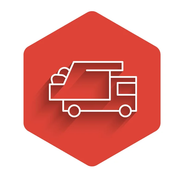 White Line Garbage Truck Icon Isolated Long Shadow Red Hexagon - Stok Vektor